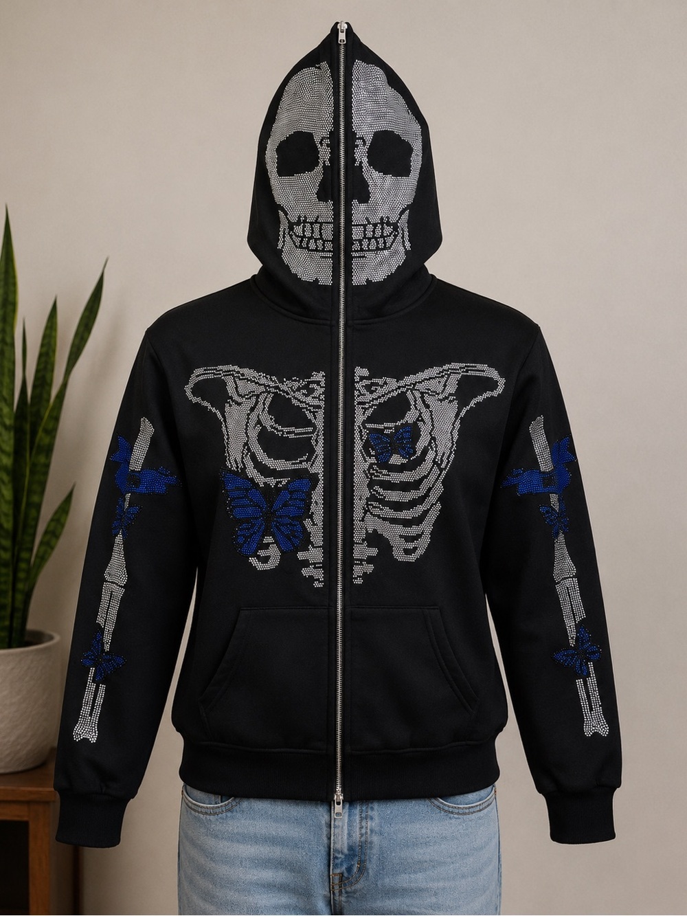 Skeleton Butterfly Full Zip Hoodie Skull Goth Y2K Streetwear XL